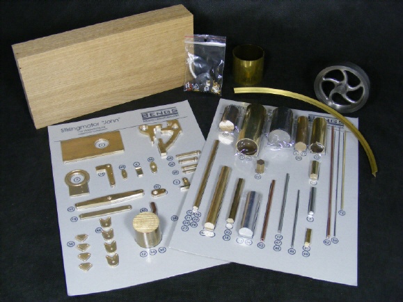 Lieferumfang für den Materialbausatz für einen Rider-Ericsson Stirlingmotor